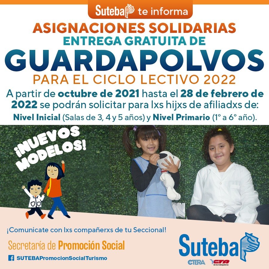 Afiliadxs al Suteba La Costa-Gral. Lavalle ya pueden solicitar los GUARDAPOLVOS gratuitos para sus hijxs