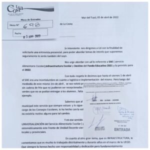 Lee más sobre el artículo El Frente de Unidad Docente de La Costa pidió AUDIENCIA al Intendente Cardozo por problemas en el Servicio Alimentario Escolar municipalizado, déficit en Infraestructura y destino del Fondo Educativo