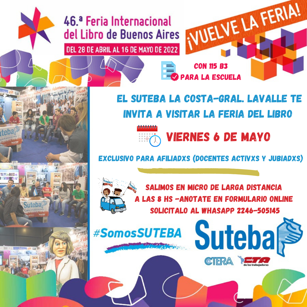 Docente del Partido de La Costa y Gral. Lavalle visitarán la Feria del Libro de la mano del SUTEBA