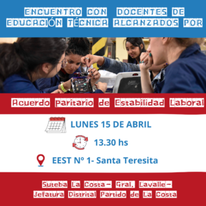 Lee más sobre el artículo Partido de La Costa: Encuentro con docentes de Educación Técnica alcanzados por el Acuerdo Paritario de Estabilidad Laboral