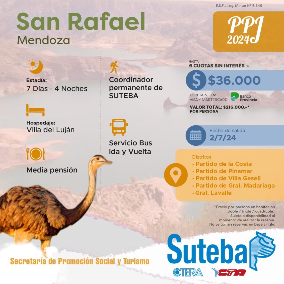 Programa Provincial de Turismo para Jubilados afiliados al Suteba La Costa-Gral. Lavalle: viajamos a Mendoza en julio