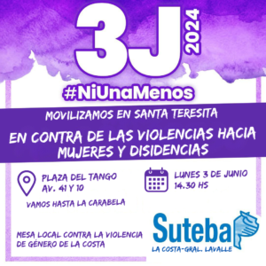 Lee más sobre el artículo 3J NI UNA MENOS: Suteba La Costa-Gral. Lavalle moviliza en Santa Teresita en contra de las violencias hacia mujeres y disidencias