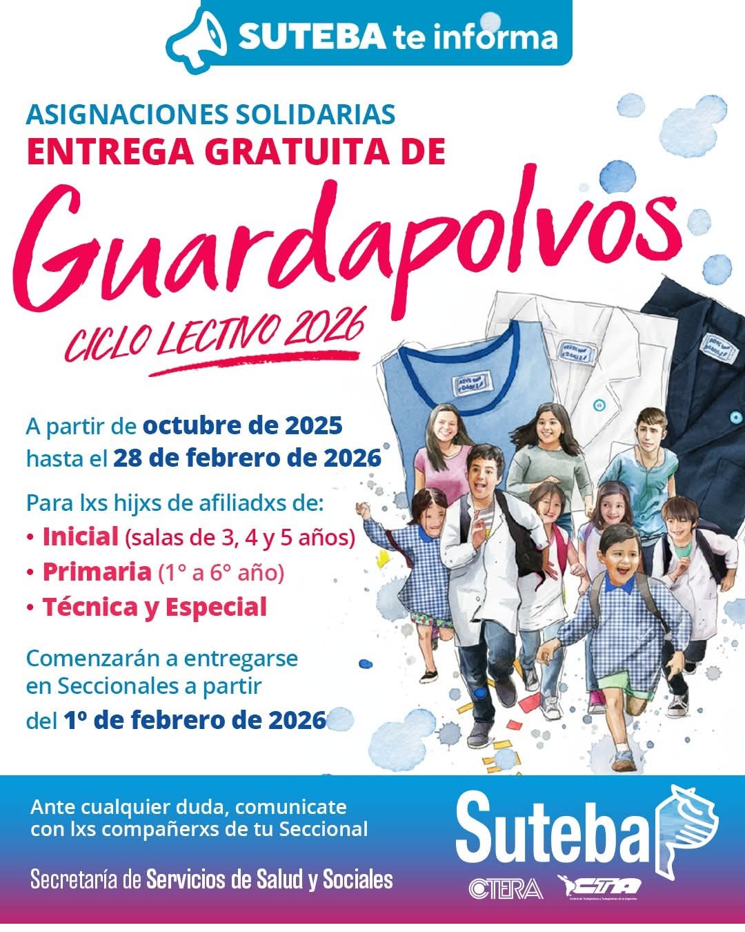 Beneficios para afiliadxs al Suteba La Costa-Gral. Lavalle: GUARDAPOLVOS gratuitos para hijos/as