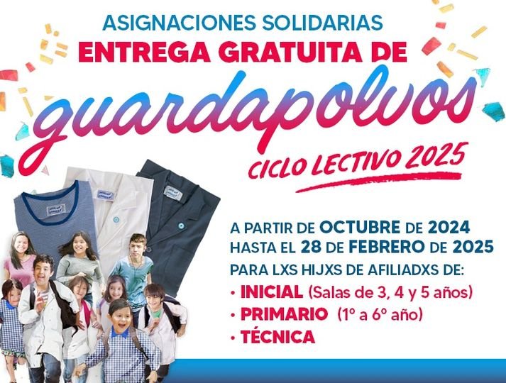 Beneficios para afiliadxs al Suteba La Costa-Gral. Lavalle: GUARDAPOLVOS gratuitos para hijxs