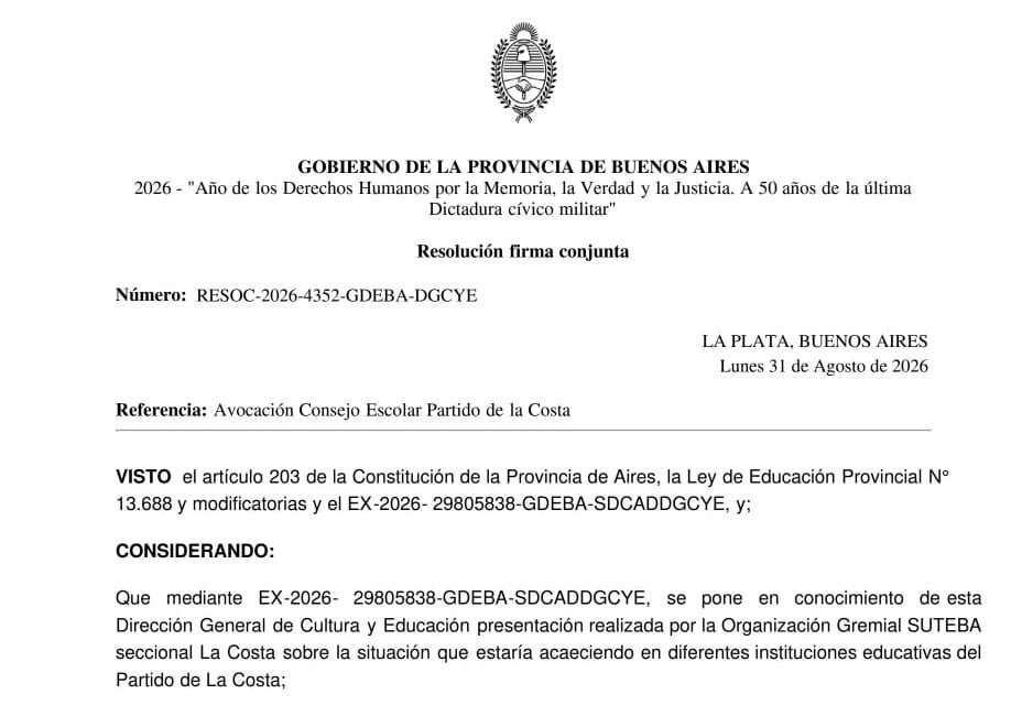 Lee más sobre el artículo POR HECHOS GRAVES EN EL CONSEJO ESCOLAR DE LA COSTA, EL MINISTERIO DE EDUCACIÓN BONAERENSE DECIDIÓ INTERVENIR